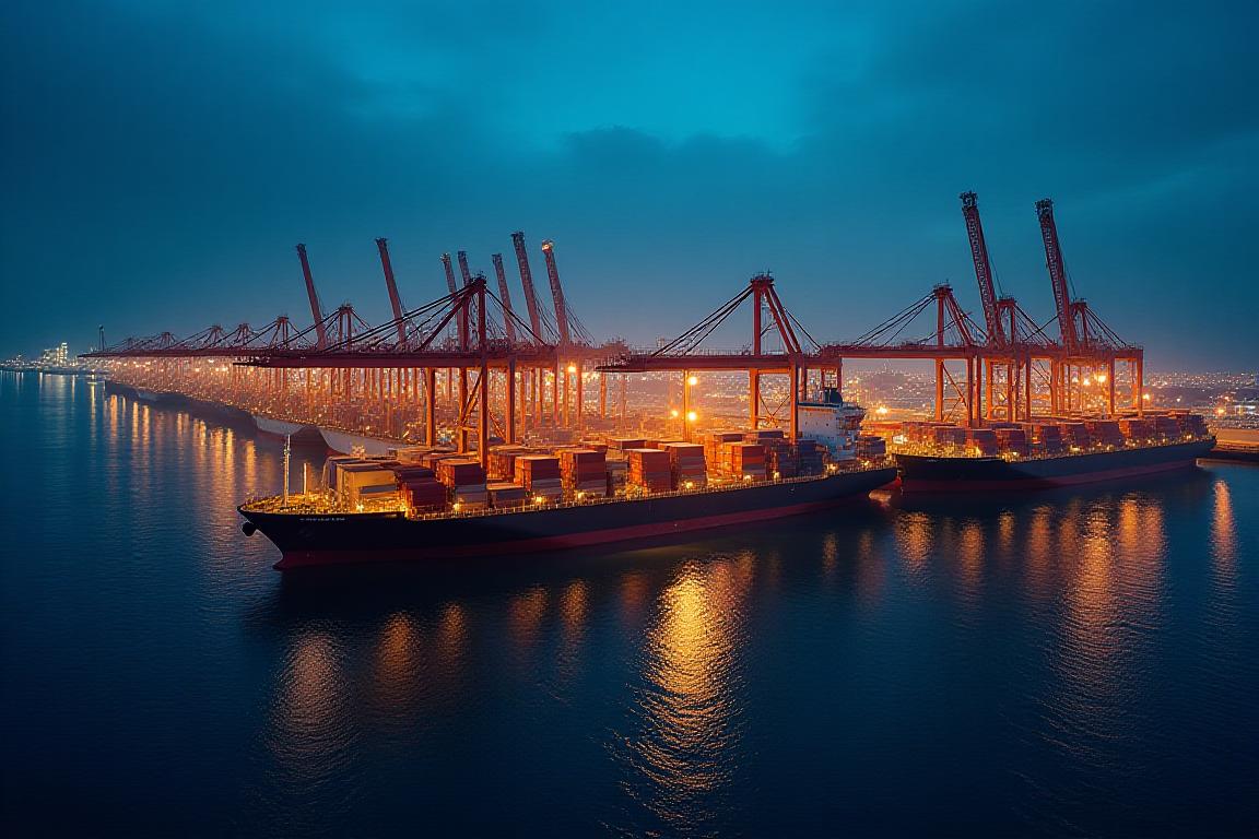 Modern automated cargo port at twilight